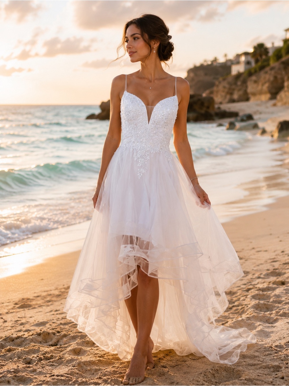 White High-Low Spaghetti Strap Lace Bodice wedding Dress